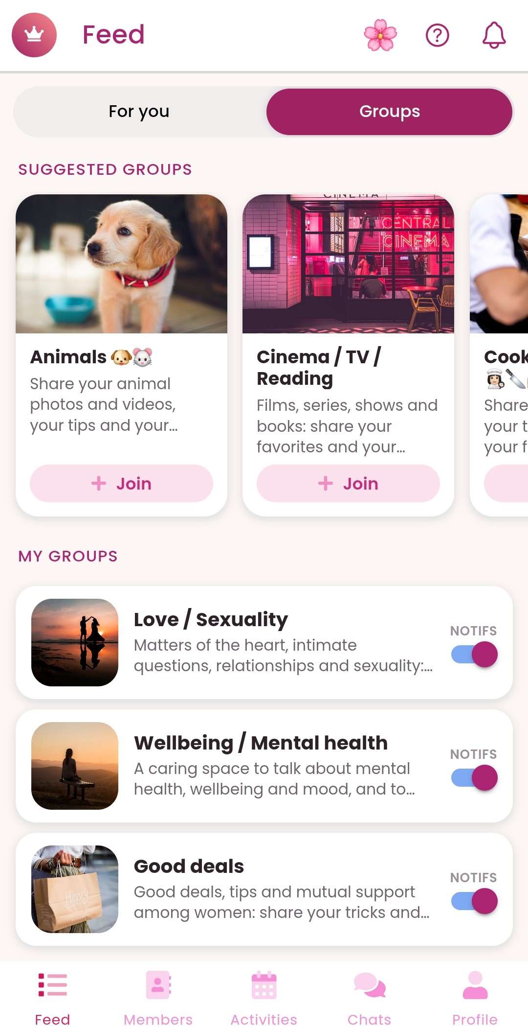 Vorschau der GirlsConnect-App — Gruppen und Communitys