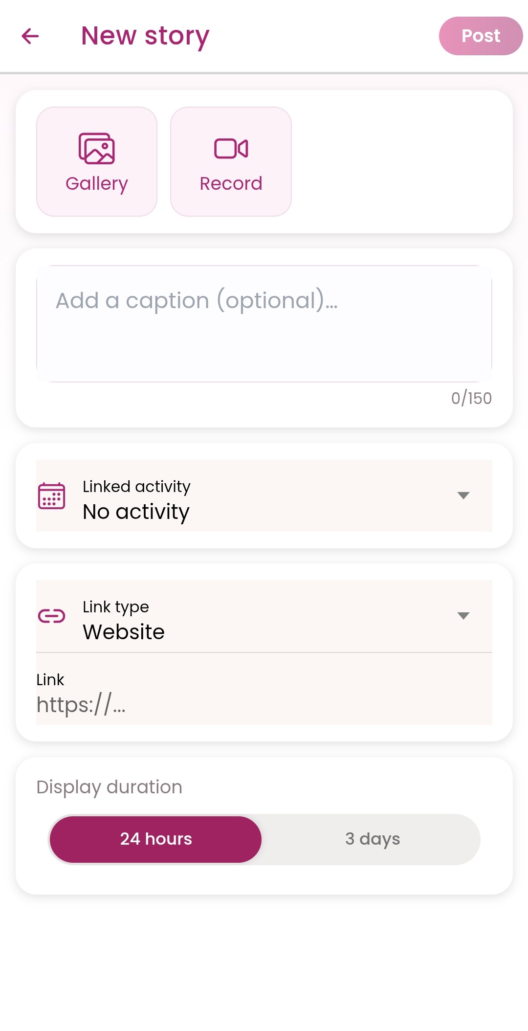 Voorbeeld van de GirlsConnect-app — een story maken
