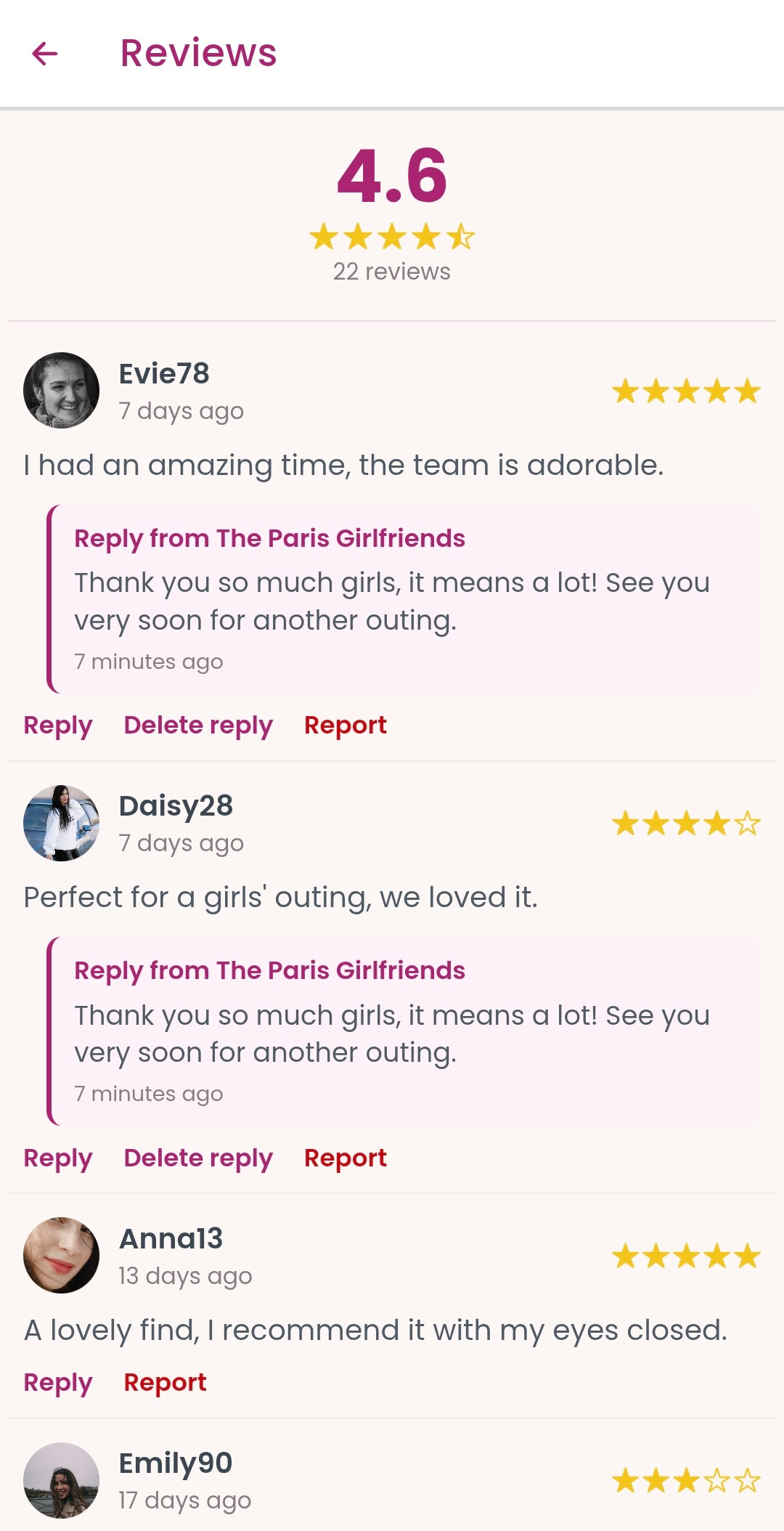 Voorbeeld van de GirlsConnect-app — beoordelingen en reacties