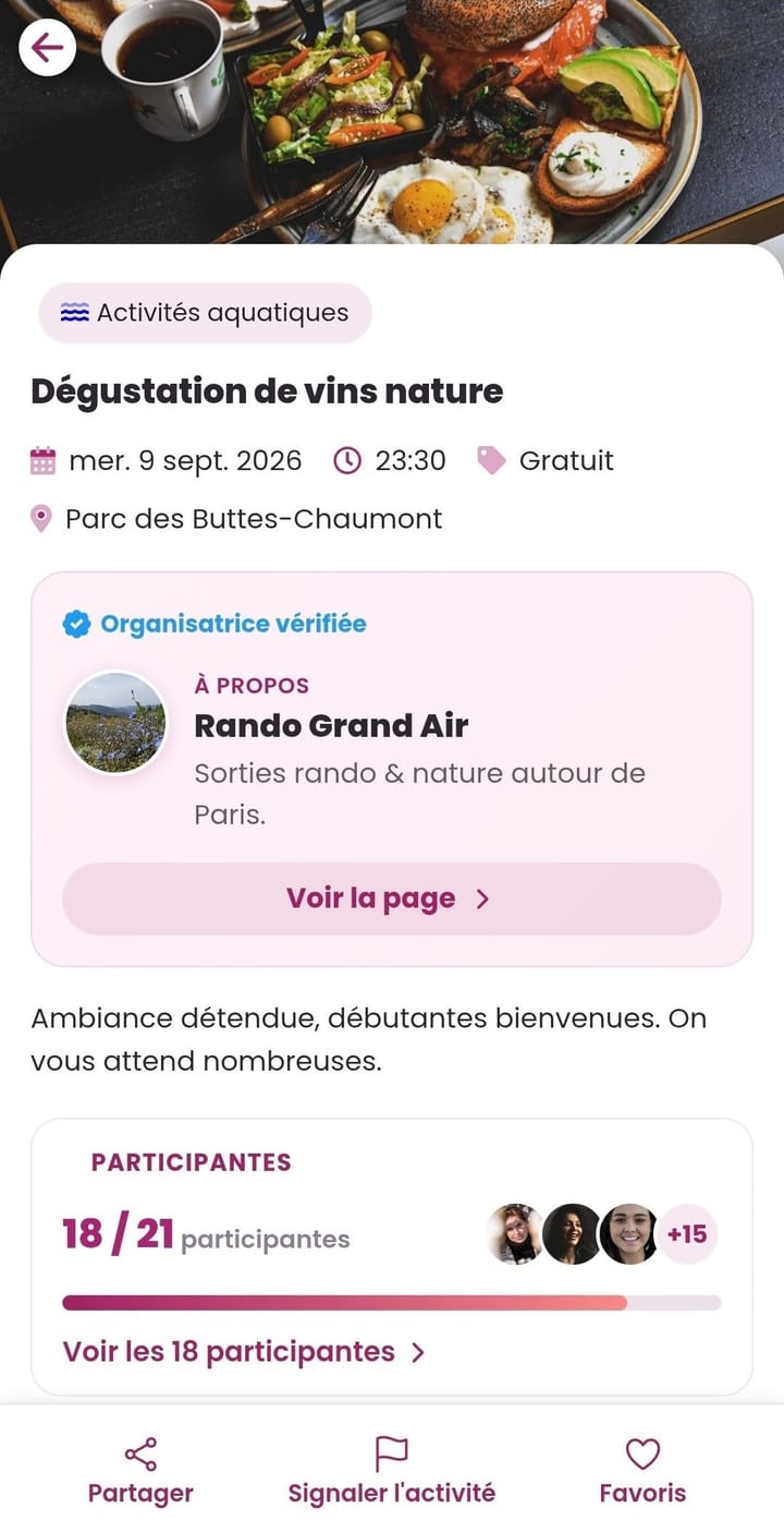 Aperçu de l'app GirlsConnect — activités et sorties