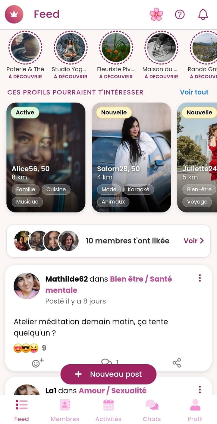 Aperçu de l'app GirlsConnect — le feed