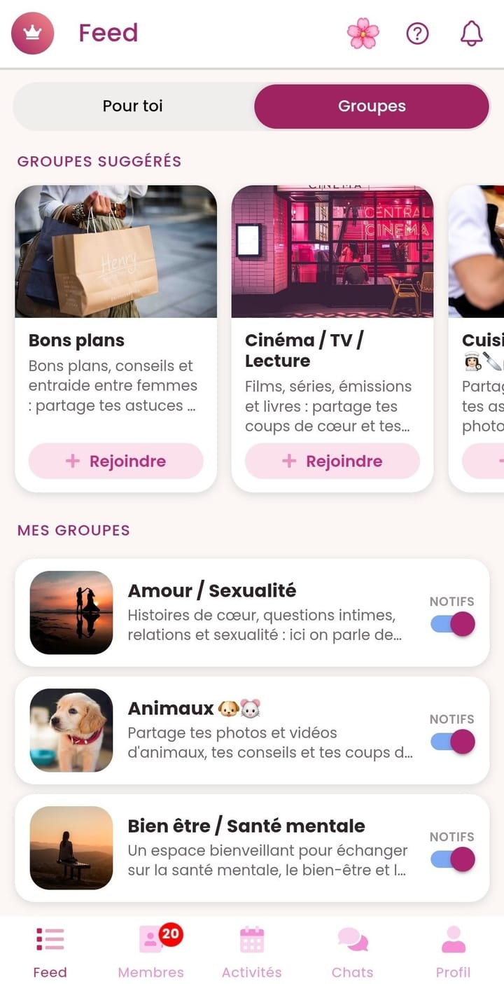 Aperçu de l'app GirlsConnect — groupes et communautés