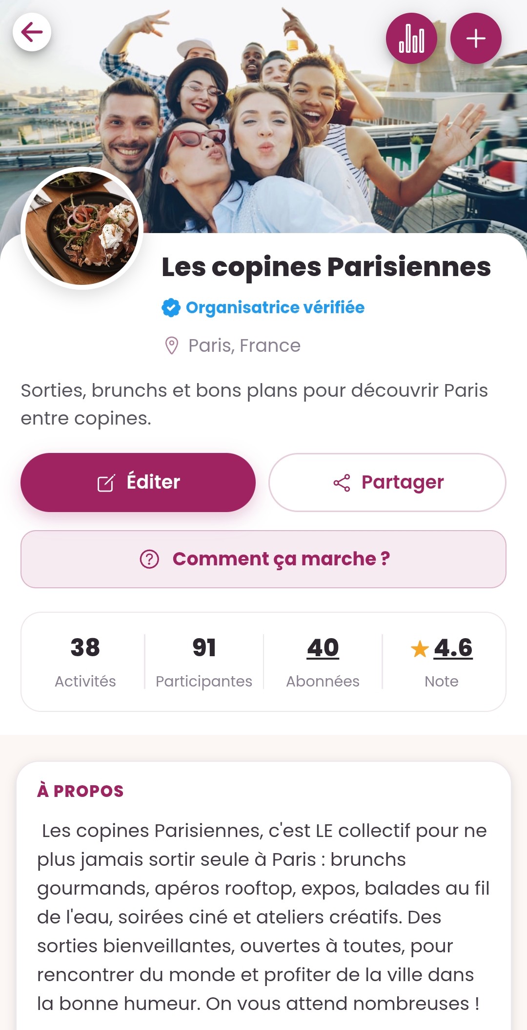Aperçu de l'app GirlsConnect — page organisatrice