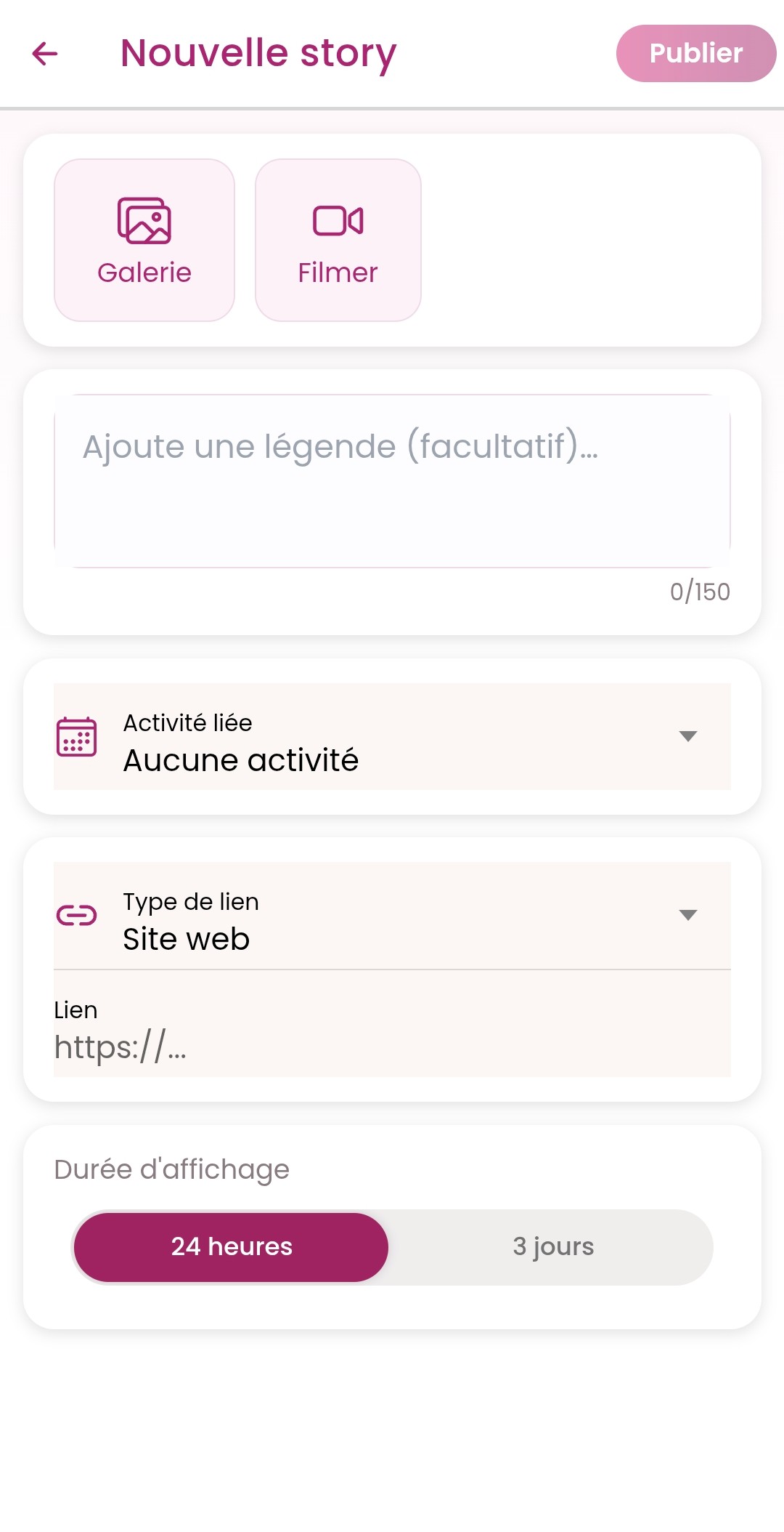 Aperçu de l'app GirlsConnect — création d'une story