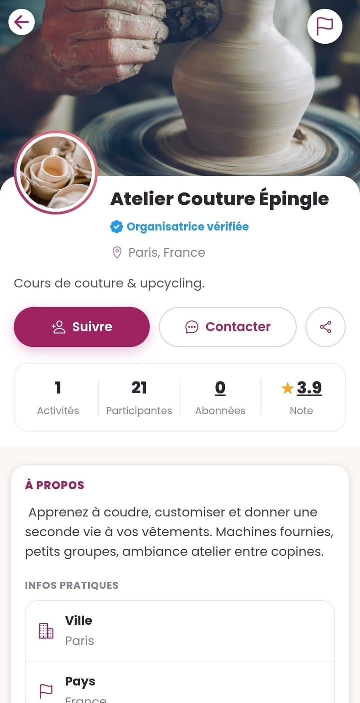 Aperçu de l'app GirlsConnect — page organisatrice
